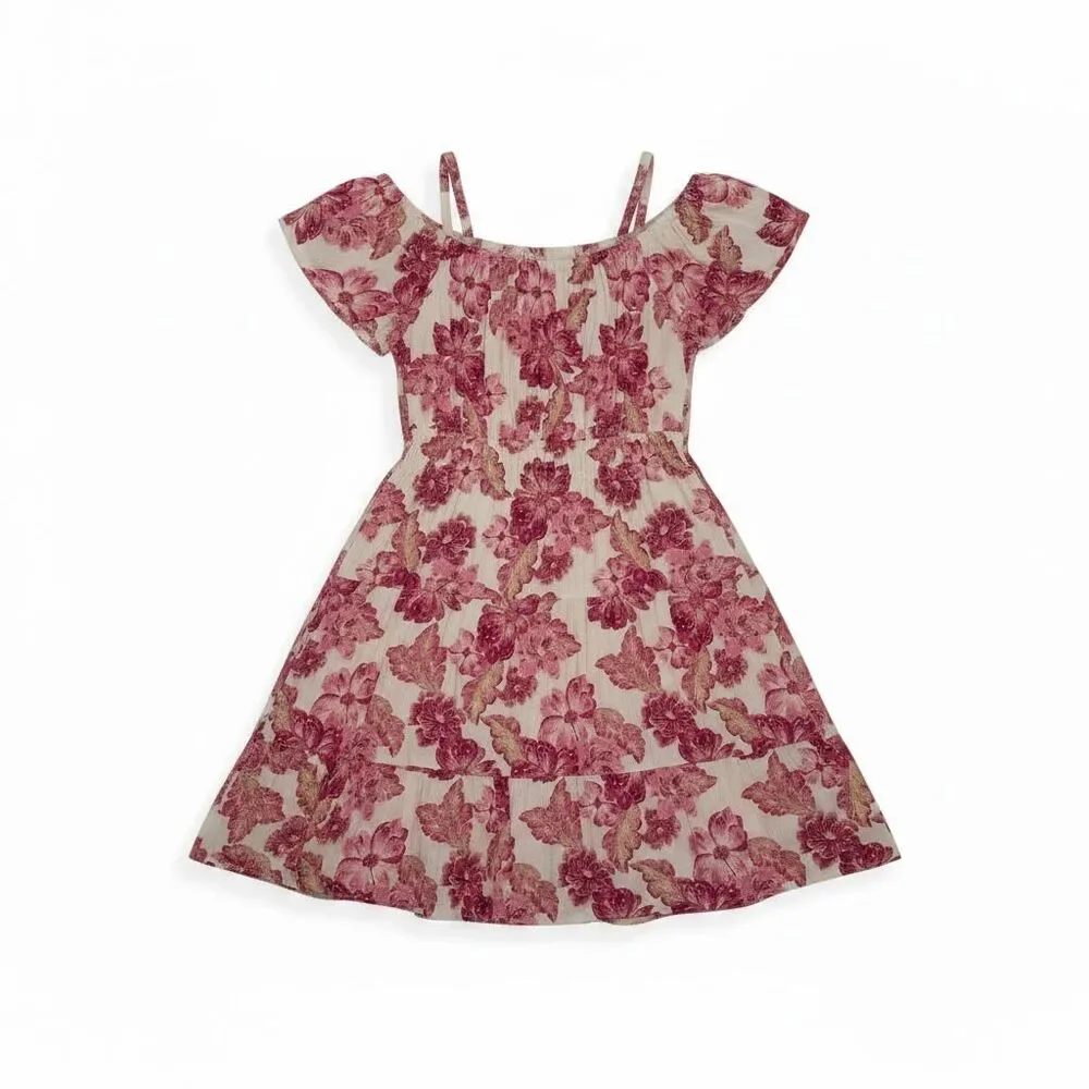 Old Navy Cold Shoulder Dress Tiered Fit Flare Floral Pink Cream XL 14 16